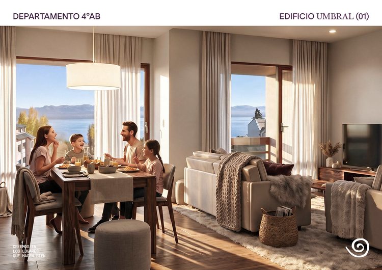 Render del estar-comedor del 04-AB, 2 dormitorios con vista al lago